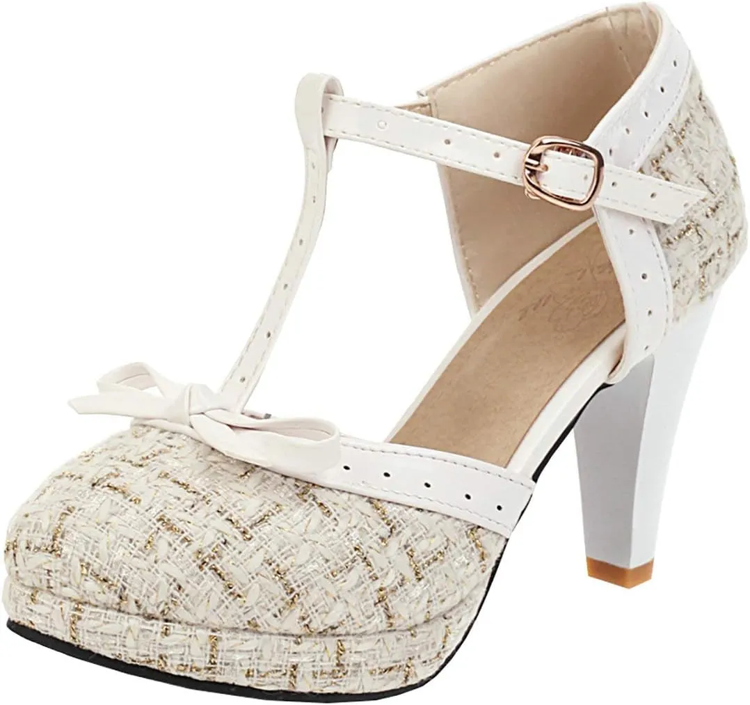 MAVMAX Women's Rockabilly T-Strap Mary Jane Block High Heel Platform Pumps