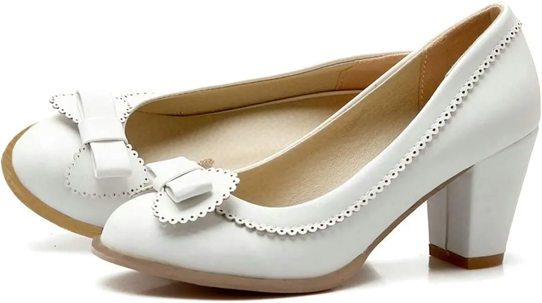 MAVMAX Women's Vintage Block High Heel Pumps with Bows