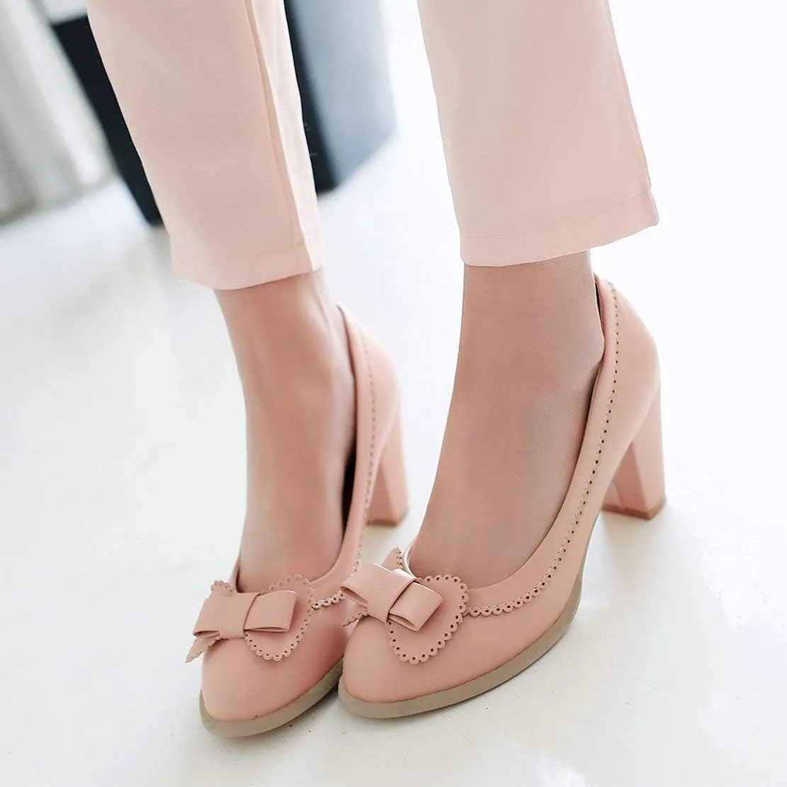 MAVMAX Women's Vintage Block High Heel Pumps with Bows