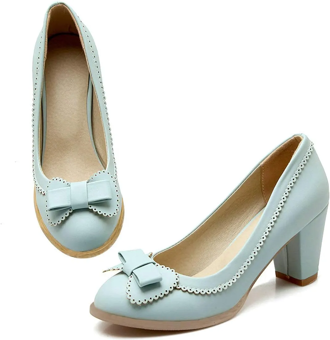 MAVMAX Women's Vintage Block High Heel Pumps with Bows