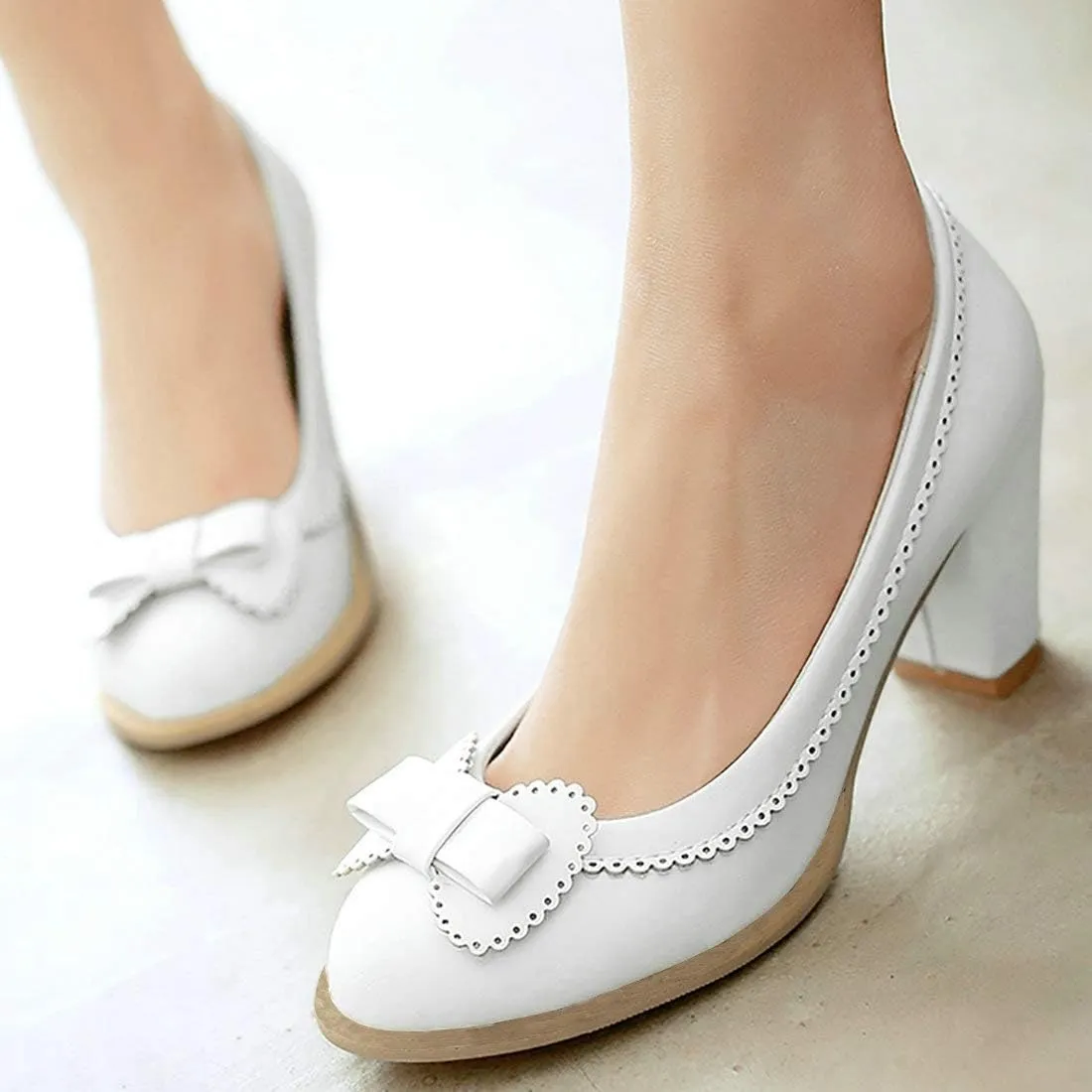 MAVMAX Women's Vintage Block High Heel Pumps with Bows