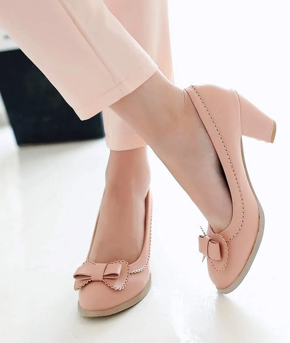 MAVMAX Women's Vintage Block High Heel Pumps with Bows