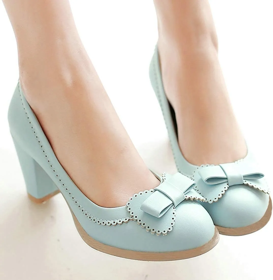MAVMAX Women's Vintage Block High Heel Pumps with Bows