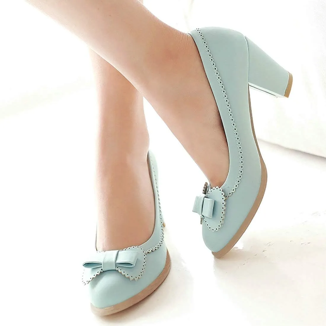 MAVMAX Women's Vintage Block High Heel Pumps with Bows