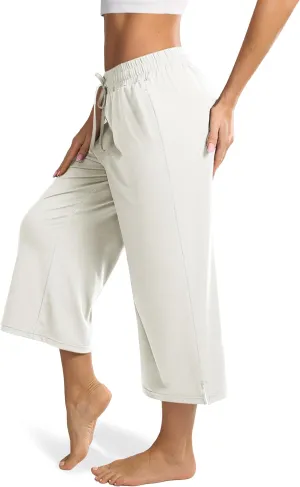 Maxbee Wide Leg Capri Pants for Women Loose Yoga Pants Drawstring Comfy Lounge Sweatpants with Pockets