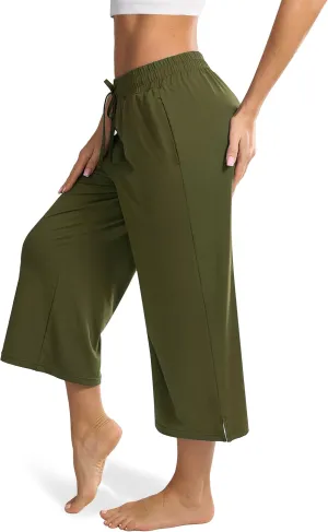 Maxbee Wide Leg Capri Pants for Women Loose Yoga Pants Drawstring Comfy Lounge Sweatpants with Pockets