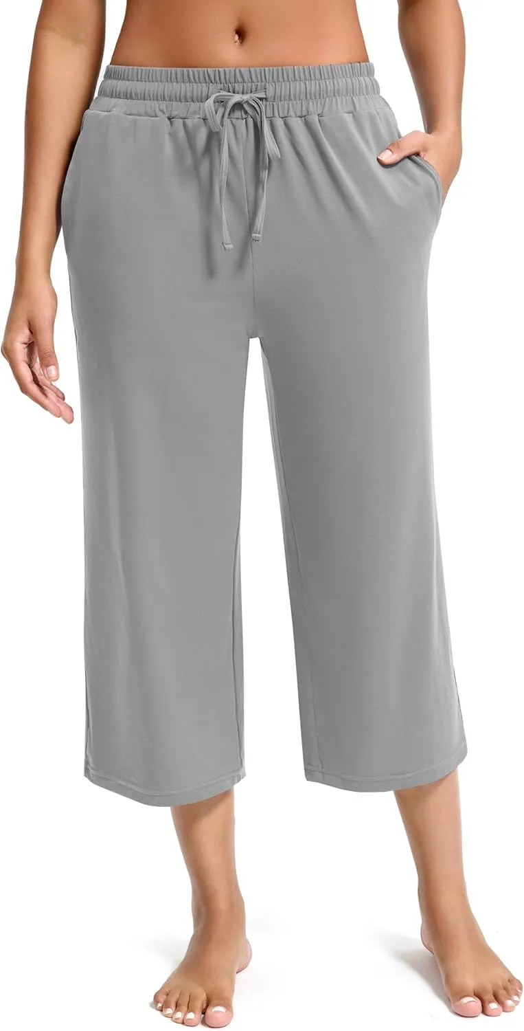 Maxbee Wide Leg Capri Pants for Women Loose Yoga Pants Drawstring Comfy Lounge Sweatpants with Pockets
