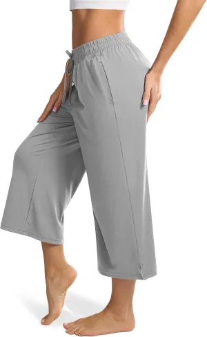 Maxbee Wide Leg Capri Pants for Women Loose Yoga Pants Drawstring Comfy Lounge Sweatpants with Pockets