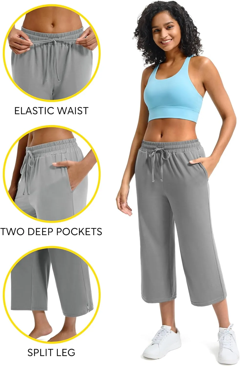Maxbee Wide Leg Capri Pants for Women Loose Yoga Pants Drawstring Comfy Lounge Sweatpants with Pockets