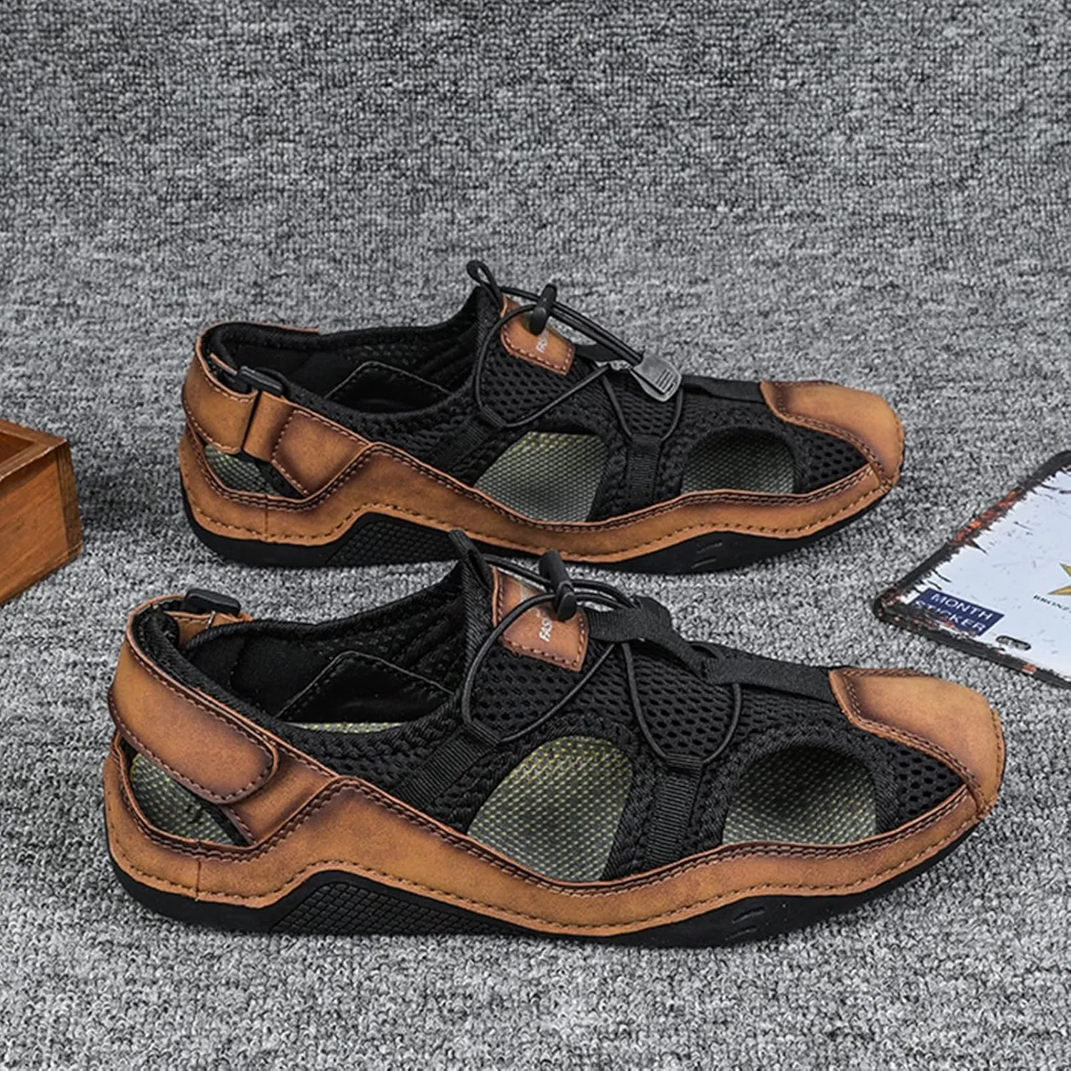 Men's Fashion Breathable Hollow Mesh Cloth Fisherman Sandal Closed Toe Summer Outdoor Water Proof and Slip Beach Loafters for Comfortable Travel Casual Shoes