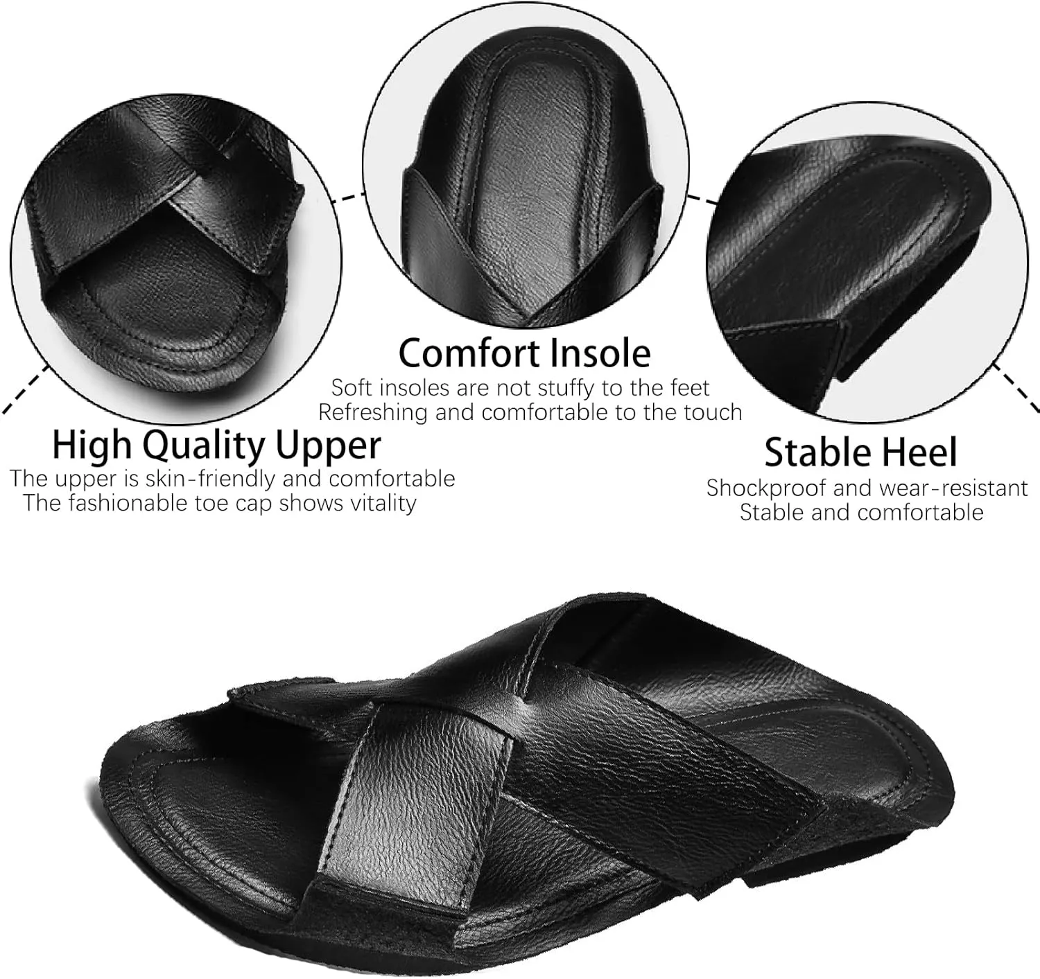 Men's Genuine Leather Cutout Slides Sandals Comfort Lightweight Open Round Toe Slip On Anti-Slip Soft Bottom Slippers Summer Casual Walking Beach Fisherman Sandals