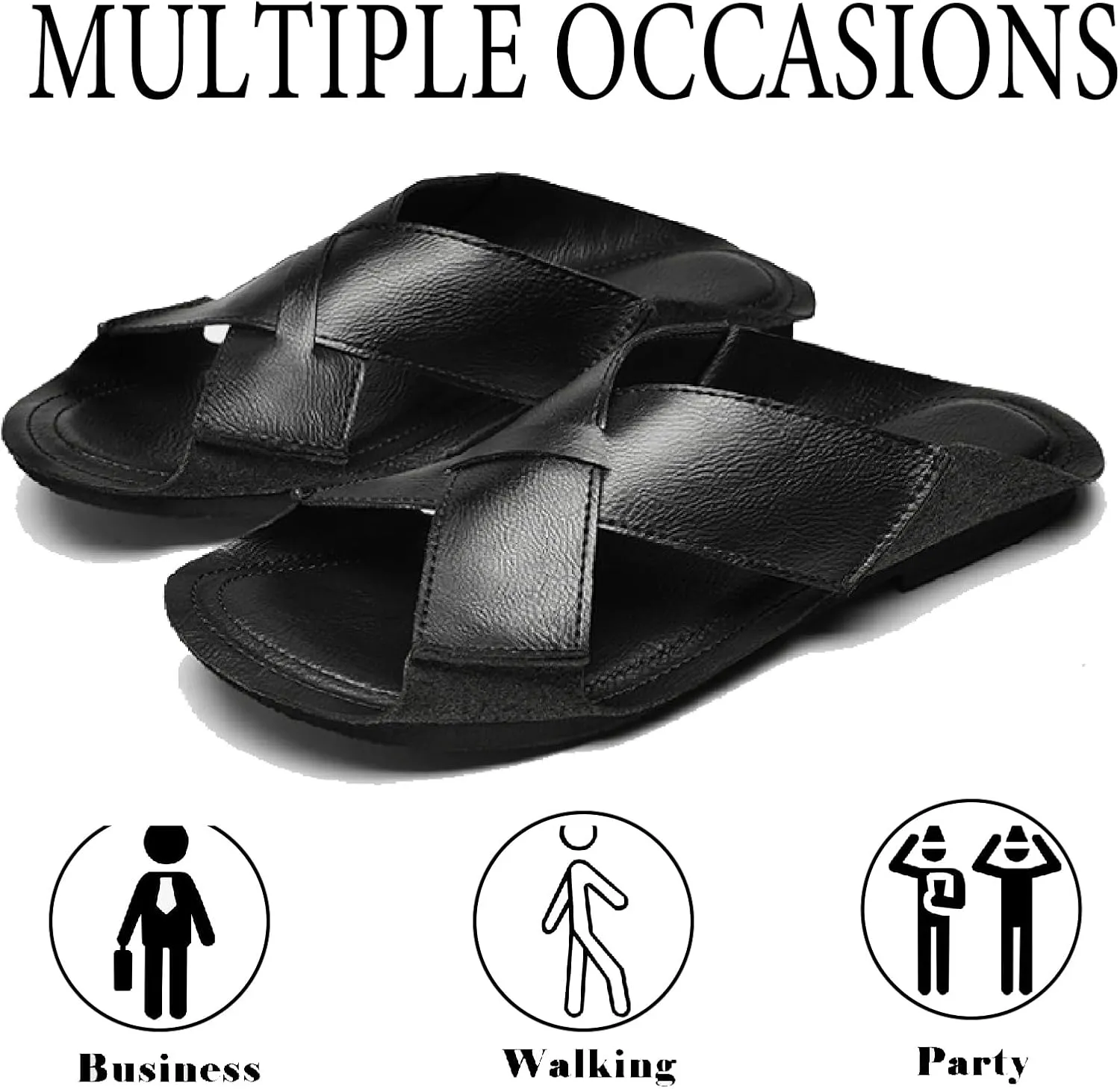 Men's Genuine Leather Cutout Slides Sandals Comfort Lightweight Open Round Toe Slip On Anti-Slip Soft Bottom Slippers Summer Casual Walking Beach Fisherman Sandals