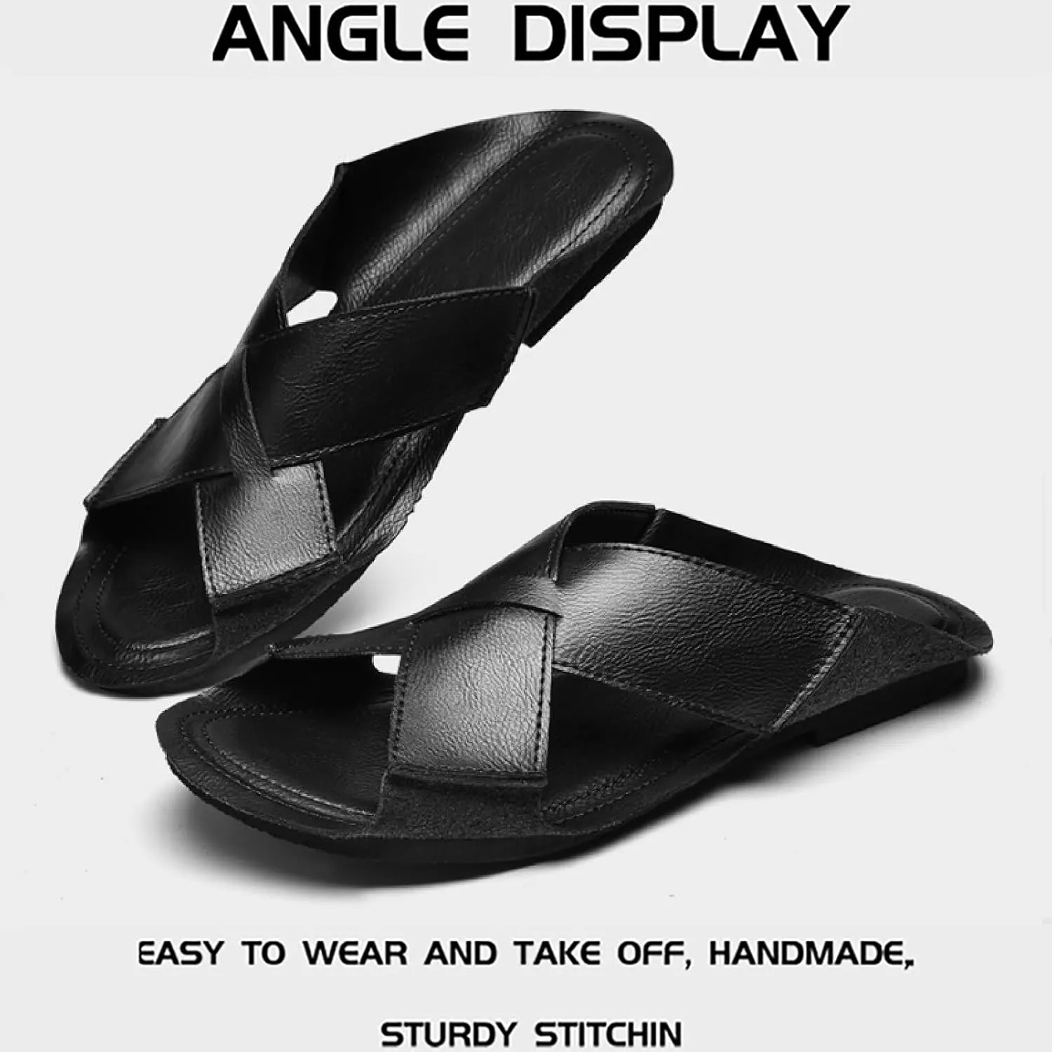 Men's Genuine Leather Cutout Slides Sandals Comfort Lightweight Open Round Toe Slip On Anti-Slip Soft Bottom Slippers Summer Casual Walking Beach Fisherman Sandals
