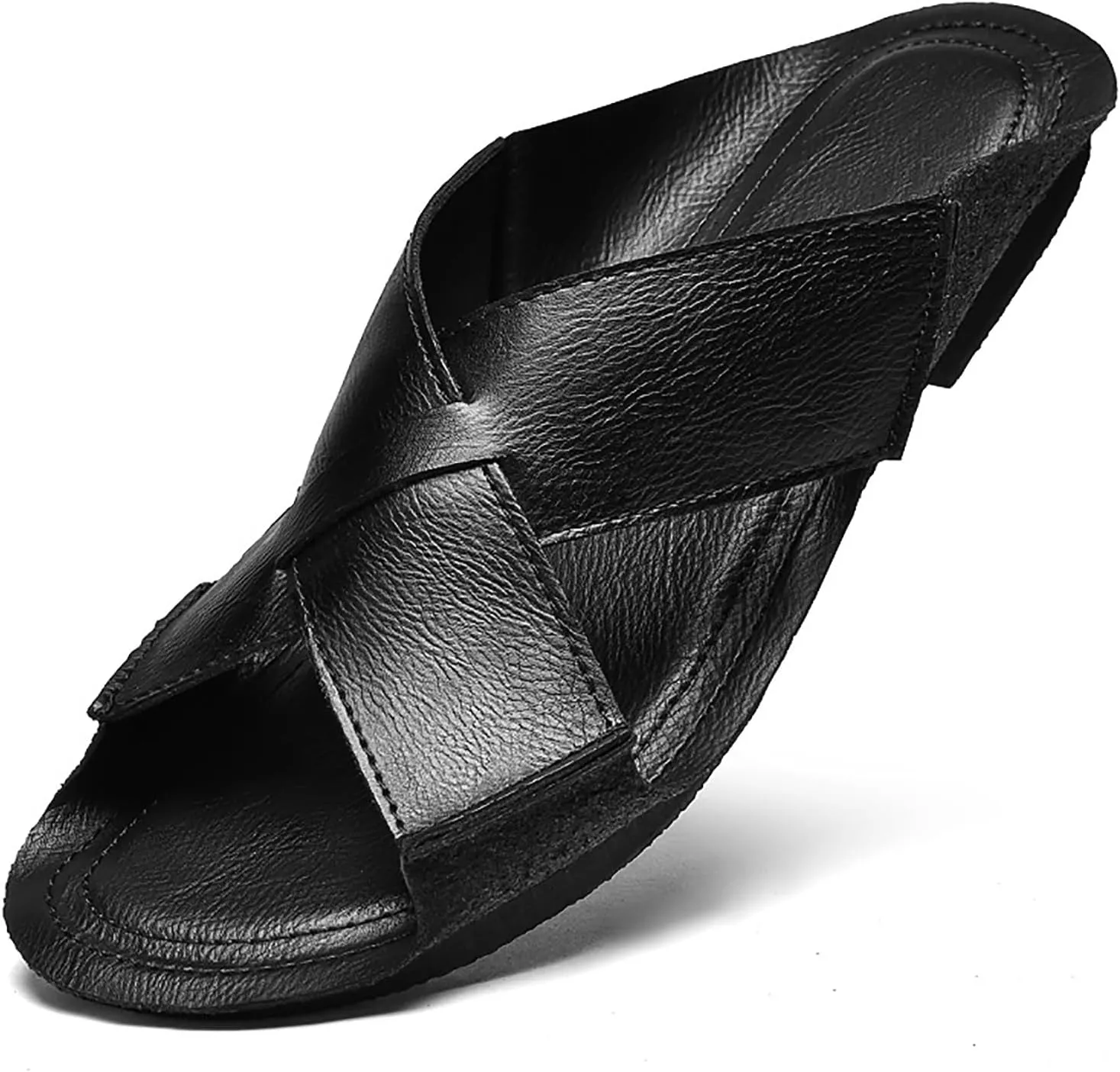 Men's Genuine Leather Cutout Slides Sandals Comfort Lightweight Open Round Toe Slip On Anti-Slip Soft Bottom Slippers Summer Casual Walking Beach Fisherman Sandals