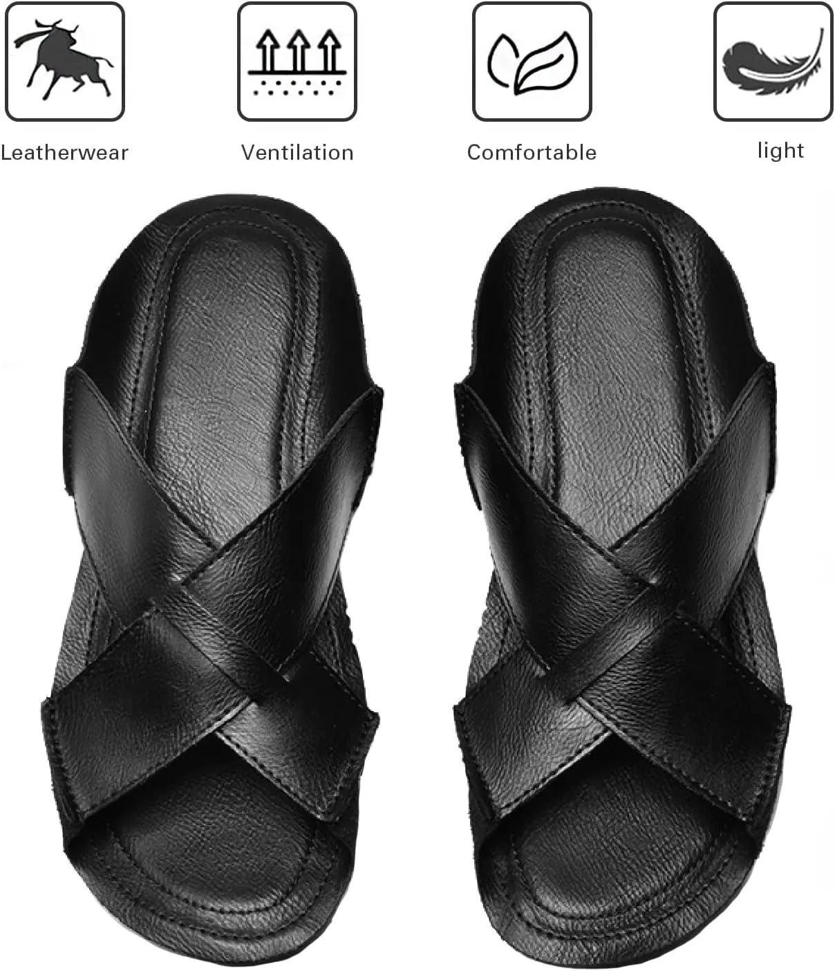 Men's Genuine Leather Cutout Slides Sandals Comfort Lightweight Open Round Toe Slip On Anti-Slip Soft Bottom Slippers Summer Casual Walking Beach Fisherman Sandals