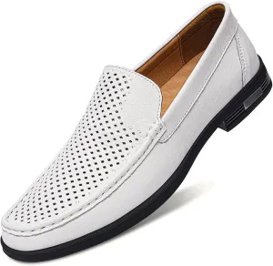 Mens Genuine Leather Slip-on Loafers Casual Hollow Breathable Comfort Penny Loafers Shoes Soft Sole Flat Dress Driving Causal Shoes