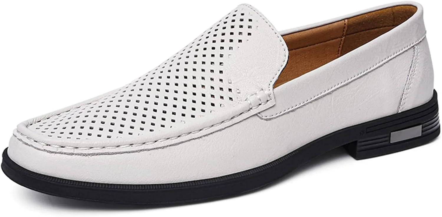 Mens Genuine Leather Slip-on Loafers Casual Hollow Breathable Comfort Penny Loafers Shoes Soft Sole Flat Dress Driving Causal Shoes