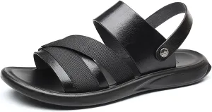 Men's Leather Casual Flat Sandals with Adjustable Dual-Purpose Strap Comfort Soft Bottom Open Toe Slip-On Slides Summer Anti-Slip Beach Sandals
