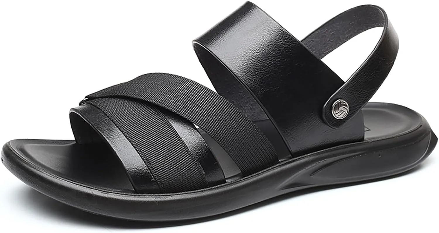Men's Leather Casual Flat Sandals with Adjustable Dual-Purpose Strap Comfort Soft Bottom Open Toe Slip-On Slides Summer Anti-Slip Beach Sandals