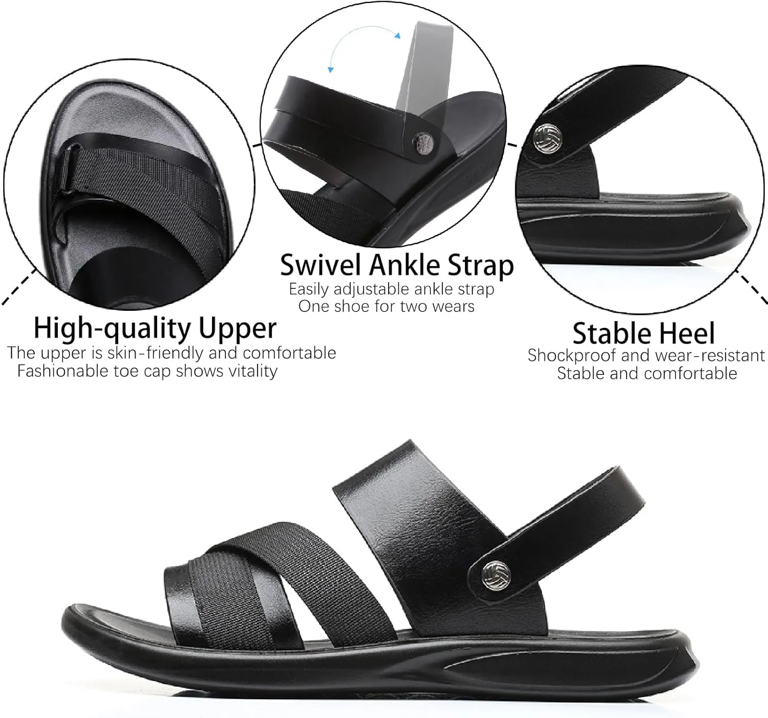 Men's Leather Casual Flat Sandals with Adjustable Dual-Purpose Strap Comfort Soft Bottom Open Toe Slip-On Slides Summer Anti-Slip Beach Sandals