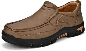 Men's Slip-On Leather Platform Walking Loafers Outdoor Lightweight Non-Slip Soft Sole Hiking Shoes Comfortable Work Office Moccasins Shoes