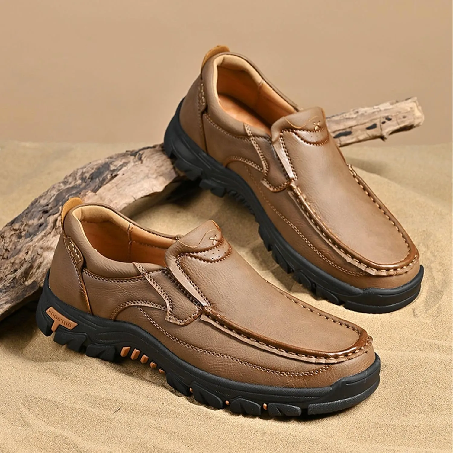 Men's Slip-On Leather Platform Walking Loafers Outdoor Lightweight Non-Slip Soft Sole Hiking Shoes Comfortable Work Office Moccasins Shoes