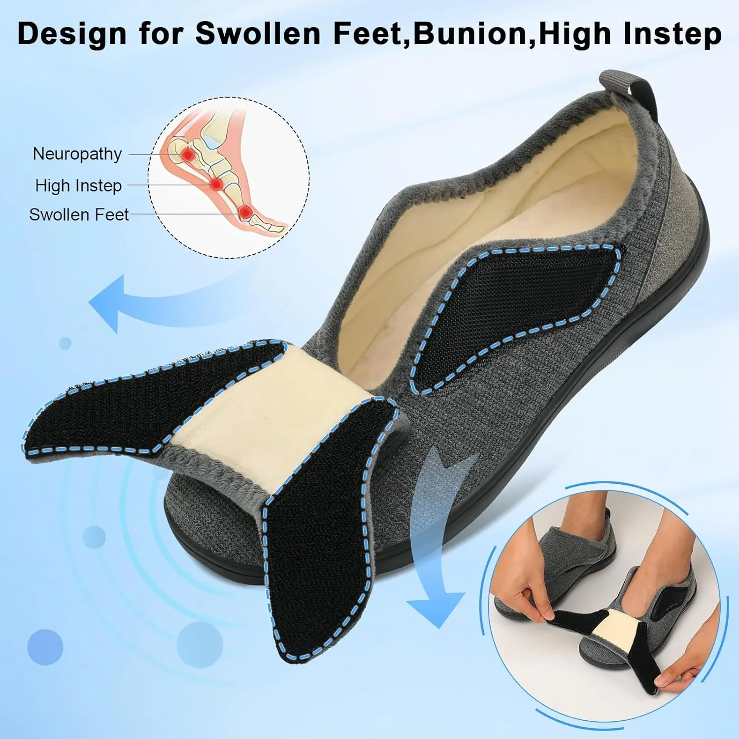 Mens Wide Slippers Comfy Diabetic Orthopedic Shoes Adjustable House Slippers Swollen Feet Walking Shoes