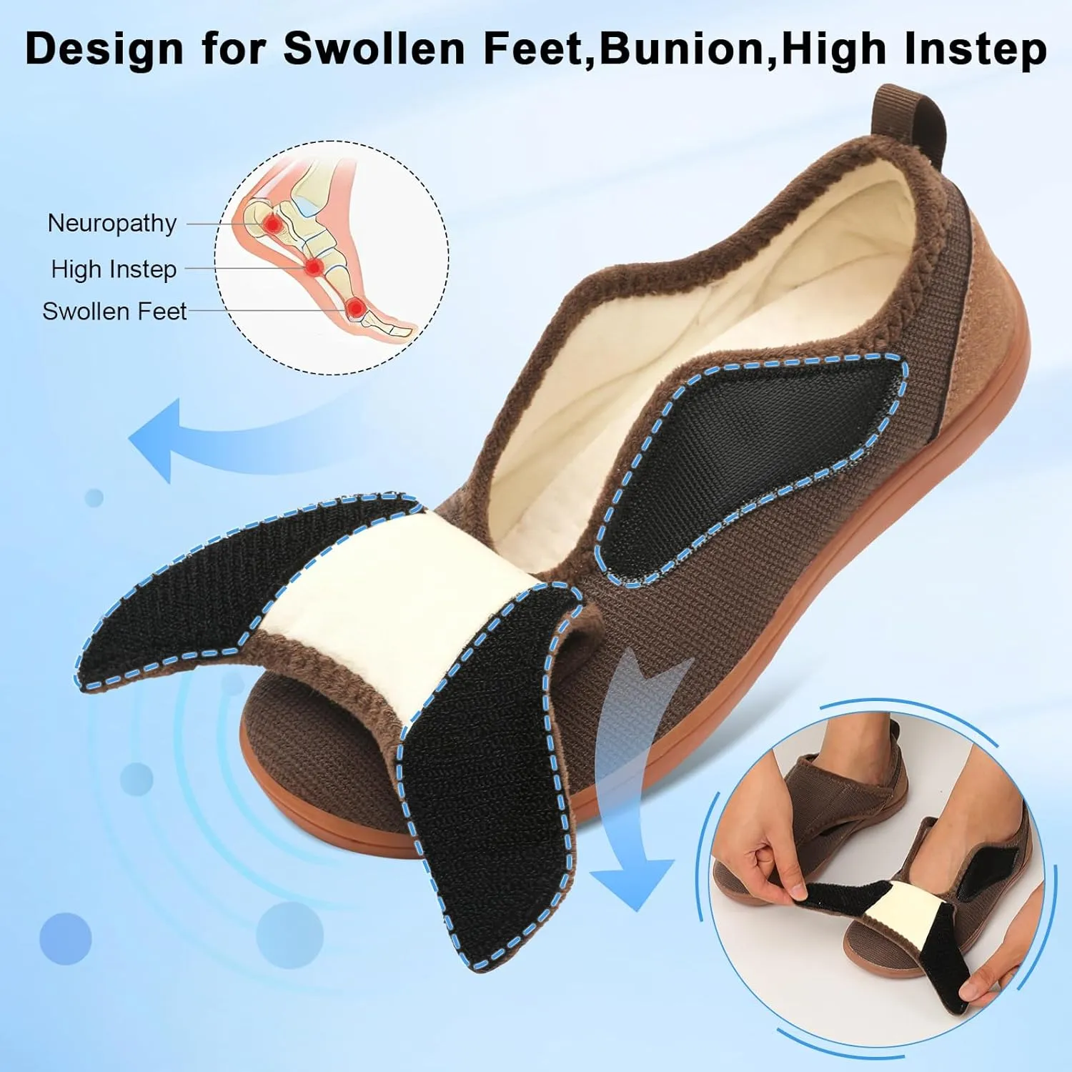 Mens Wide Slippers Comfy Diabetic Orthopedic Shoes Adjustable House Slippers Swollen Feet Walking Shoes