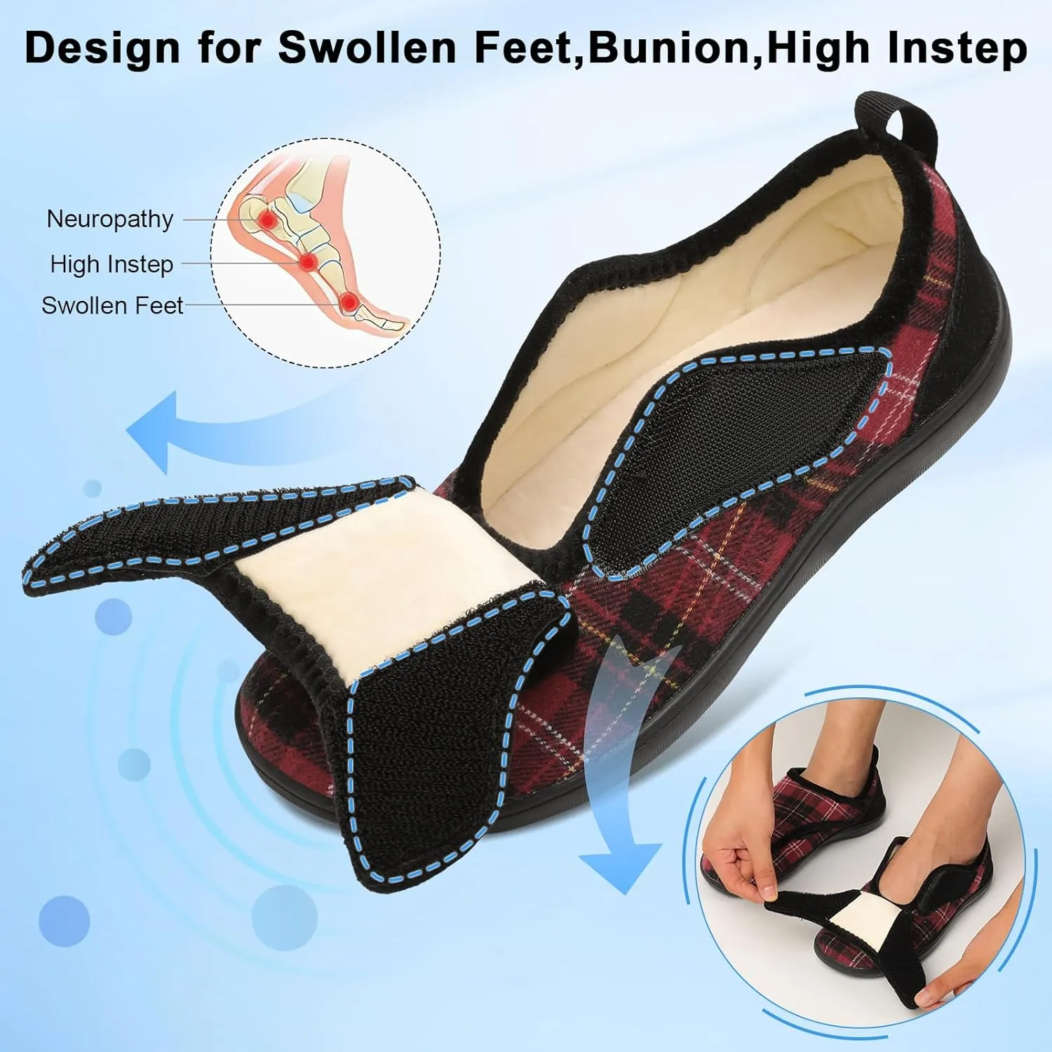 Mens Wide Slippers Comfy Diabetic Orthopedic Shoes Adjustable House Slippers Swollen Feet Walking Shoes