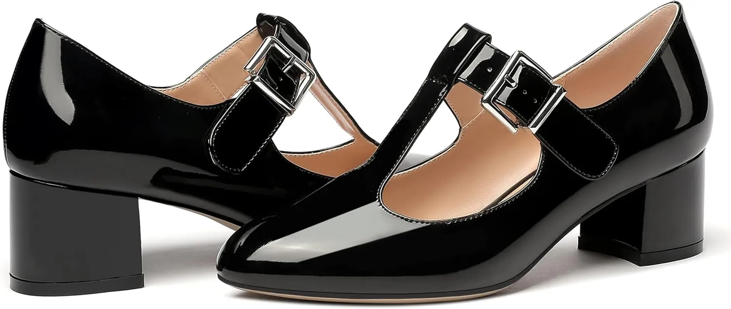 MERRORI Women's Buckle Round Toe T Strap Block Solid Patent Block Low Heel Pumps Shoes 2 Inch