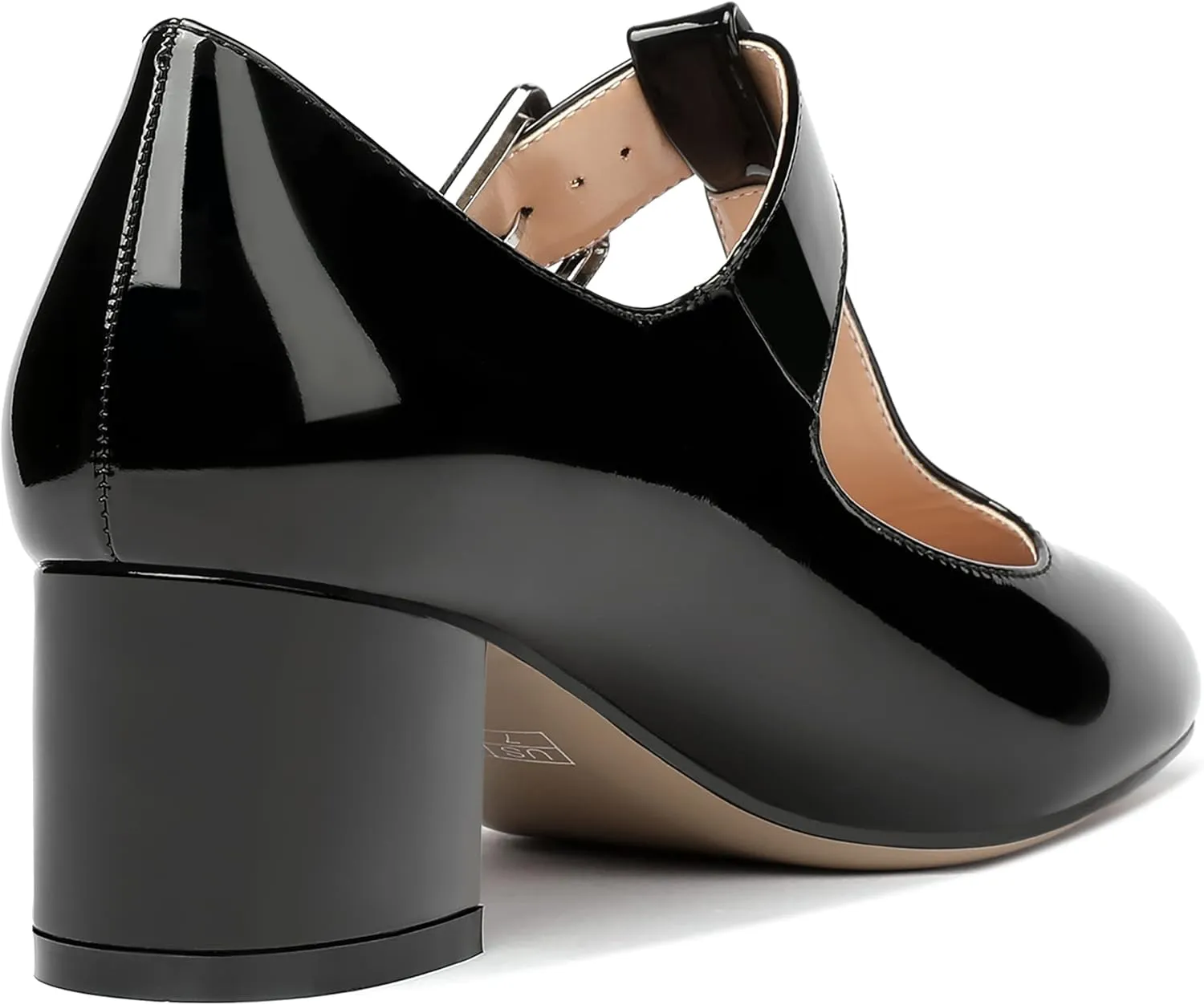 MERRORI Women's Buckle Round Toe T Strap Block Solid Patent Block Low Heel Pumps Shoes 2 Inch