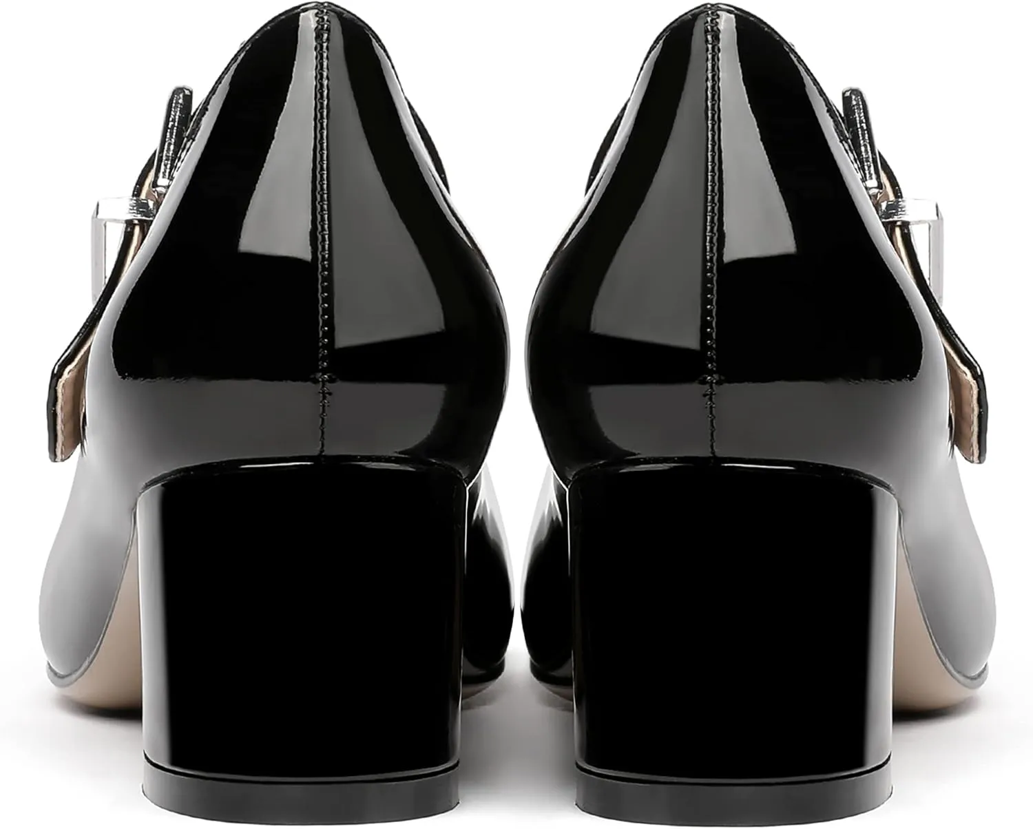 MERRORI Women's Buckle Round Toe T Strap Block Solid Patent Block Low Heel Pumps Shoes 2 Inch