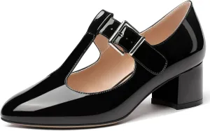 MERRORI Women's Buckle Round Toe T Strap Block Solid Patent Block Low Heel Pumps Shoes 2 Inch