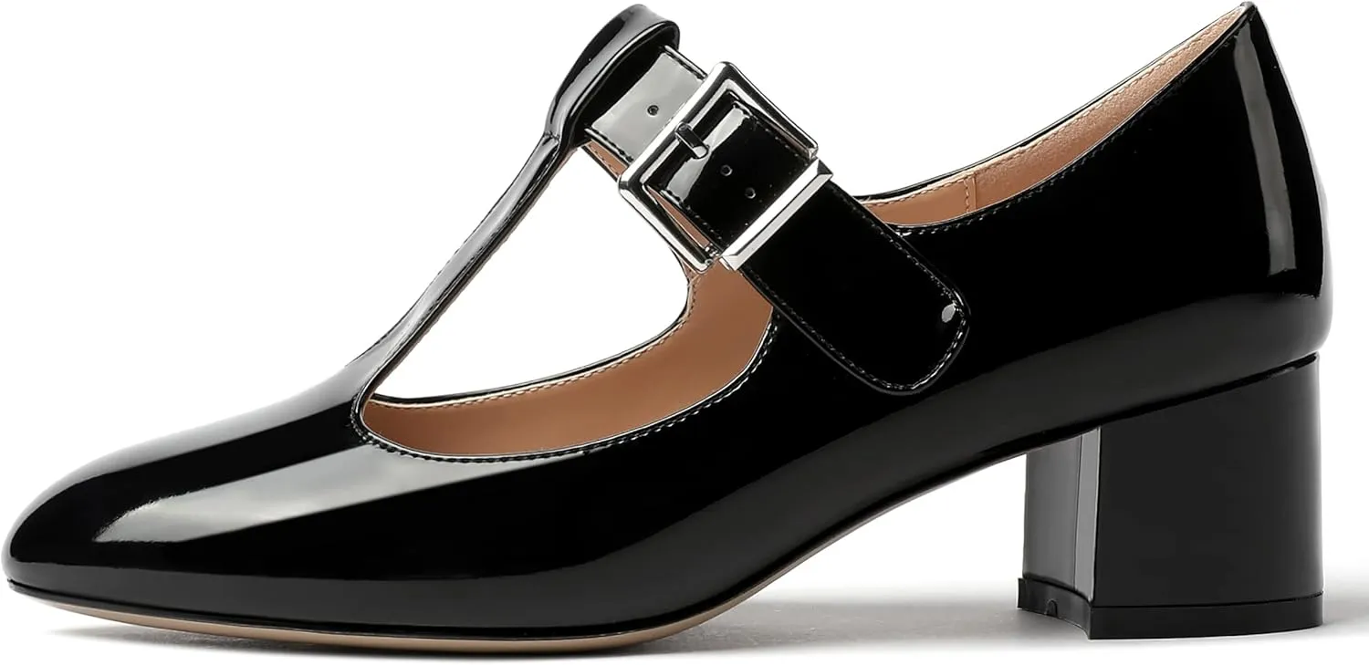 MERRORI Women's Buckle Round Toe T Strap Block Solid Patent Block Low Heel Pumps Shoes 2 Inch