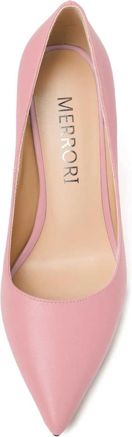 MERRORI Women's Chunky High Heels Slip On Block Pointed Toe Matte Dress Wedding Heel Pumps Shoes 4 Inch