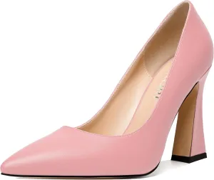 MERRORI Women's Chunky High Heels Slip On Block Pointed Toe Matte Dress Wedding Heel Pumps Shoes 4 Inch