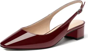 MERRORI Women's Patent Buckle Block Solid Slingback Square Toe Chunky Low Heel Pumps Shoes 1.5 Inch