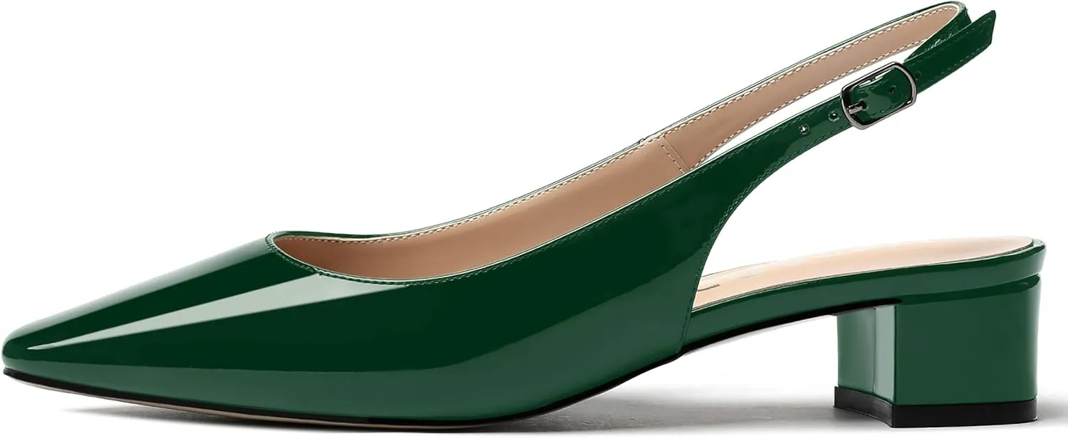 MERRORI Women's Patent Buckle Block Solid Slingback Square Toe Chunky Low Heel Pumps Shoes 1.5 Inch