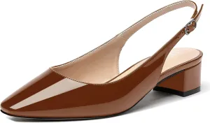 MERRORI Women's Patent Buckle Block Solid Slingback Square Toe Chunky Low Heel Pumps Shoes 1.5 Inch