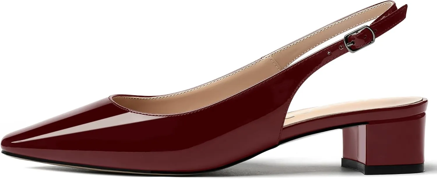 MERRORI Women's Patent Buckle Block Solid Slingback Square Toe Chunky Low Heel Pumps Shoes 1.5 Inch