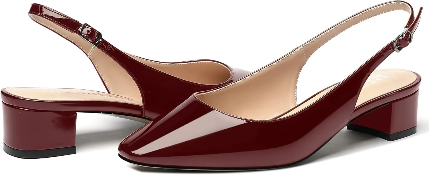 MERRORI Women's Patent Buckle Block Solid Slingback Square Toe Chunky Low Heel Pumps Shoes 1.5 Inch