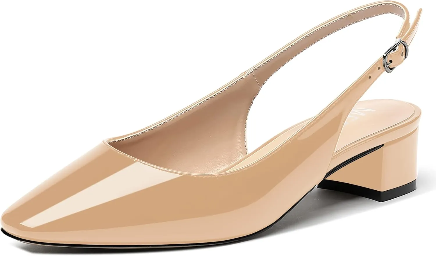 MERRORI Women's Patent Buckle Block Solid Slingback Square Toe Chunky Low Heel Pumps Shoes 1.5 Inch