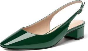 MERRORI Women's Patent Buckle Block Solid Slingback Square Toe Chunky Low Heel Pumps Shoes 1.5 Inch