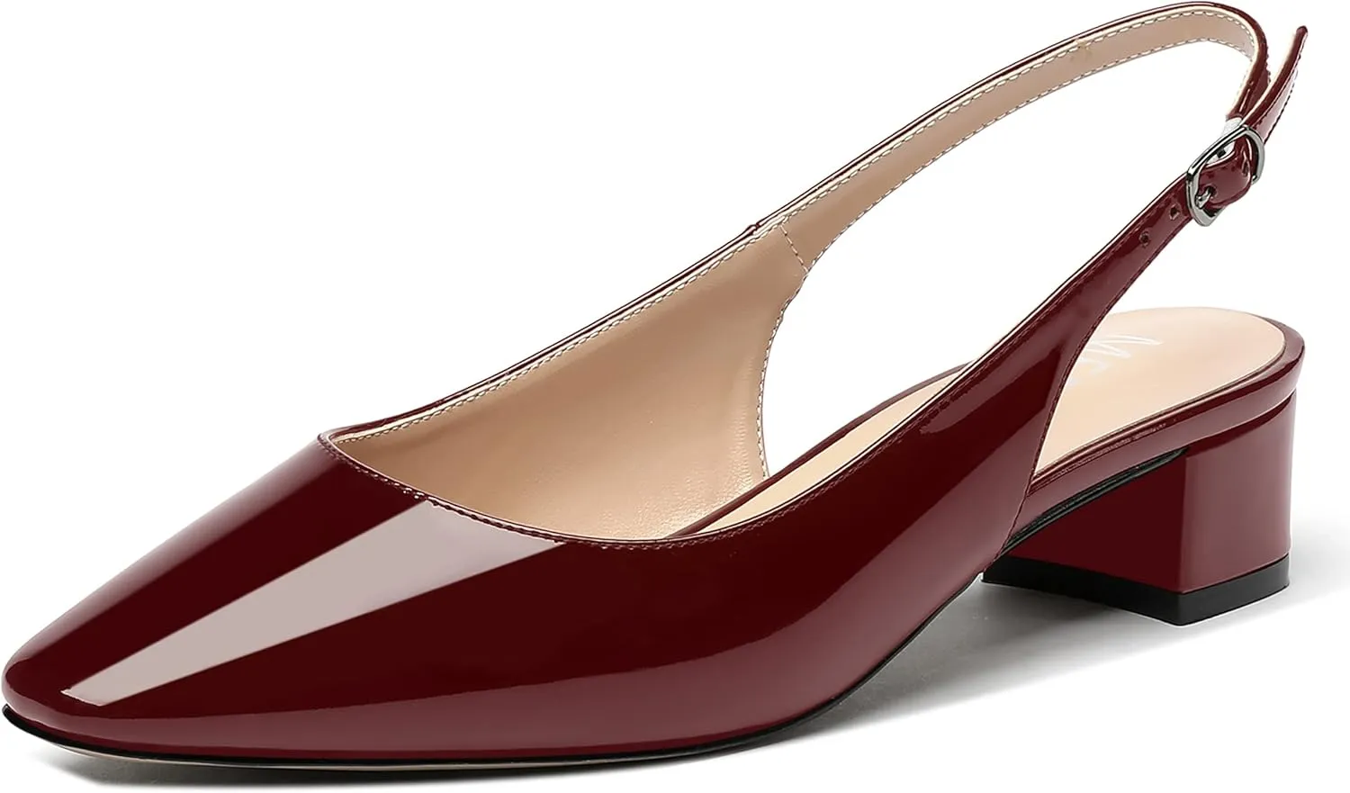 MERRORI Women's Patent Buckle Block Solid Slingback Square Toe Chunky Low Heel Pumps Shoes 1.5 Inch