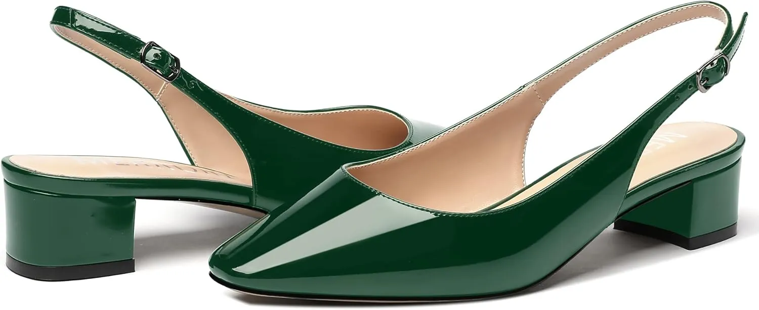 MERRORI Women's Patent Buckle Block Solid Slingback Square Toe Chunky Low Heel Pumps Shoes 1.5 Inch
