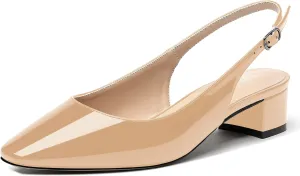 MERRORI Women's Patent Buckle Block Solid Slingback Square Toe Chunky Low Heel Pumps Shoes 1.5 Inch