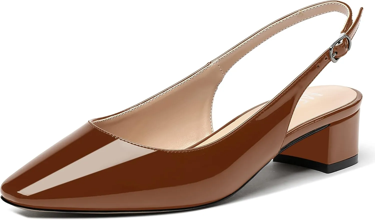 MERRORI Women's Patent Buckle Block Solid Slingback Square Toe Chunky Low Heel Pumps Shoes 1.5 Inch