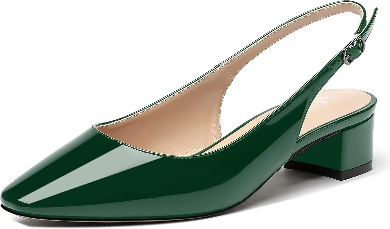 MERRORI Women's Patent Buckle Block Solid Slingback Square Toe Chunky Low Heel Pumps Shoes 1.5 Inch