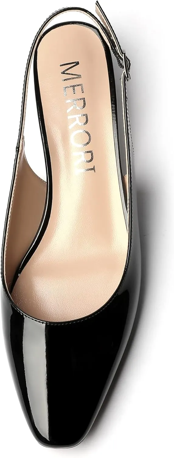 MERRORI Women's Patent Buckle Block Solid Slingback Square Toe Chunky Low Heel Pumps Shoes 1.5 Inch
