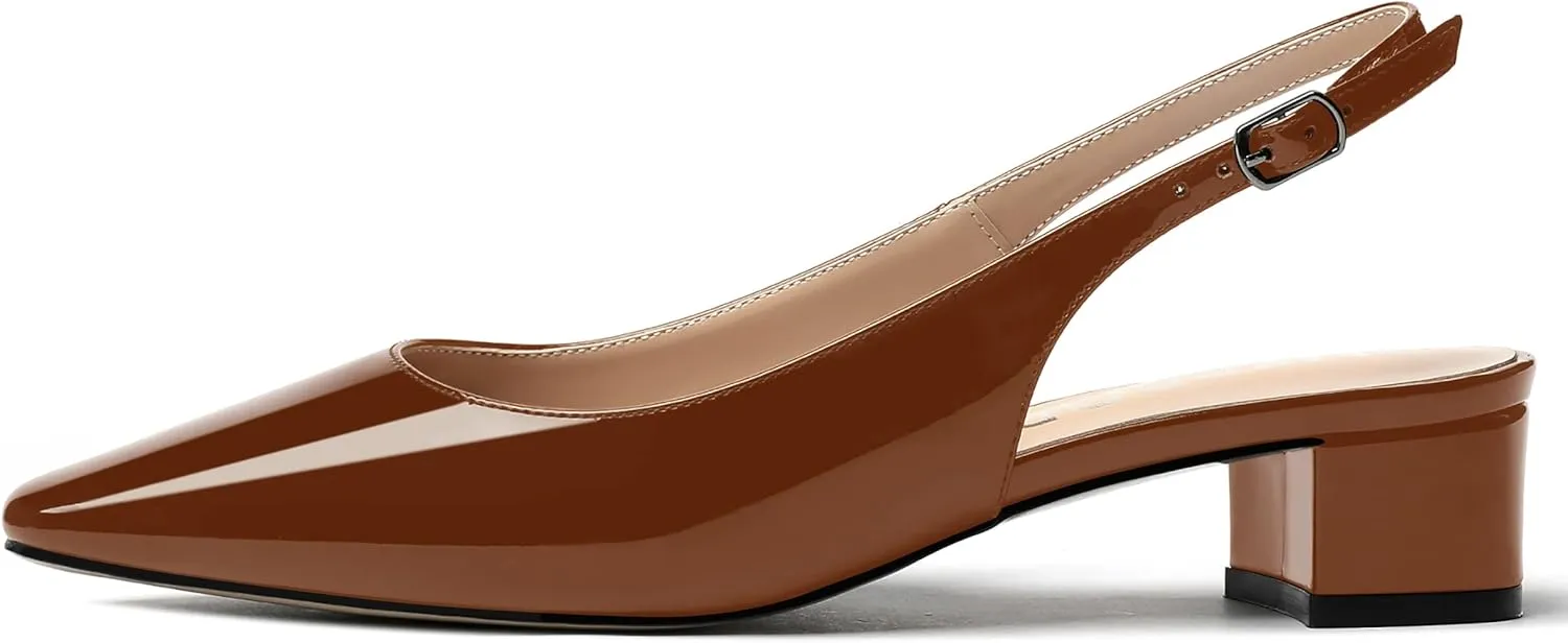 MERRORI Women's Patent Buckle Block Solid Slingback Square Toe Chunky Low Heel Pumps Shoes 1.5 Inch